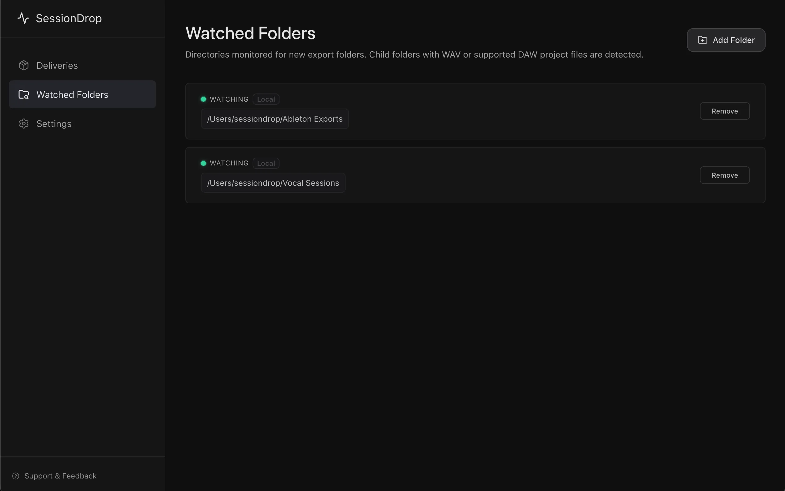 SessionDrop Watched Folders view